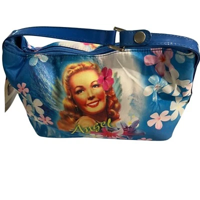 Modella Angel Retro Pin-Up Floral Cosmetic Bag Blue Zipper Handle NWT 9x6" - Image 1 of 4