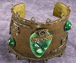 Vintage Brass & Green Jade Bracelet or Cuff - Stone Faces - 2" Wide Mexico - Picture 1 of 7