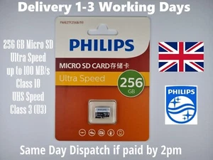 Philips 256 GB Micro SD Ultra Speed up to 100 MB/s Class 10 UHS Speed Class 3 U3 - Picture 1 of 17