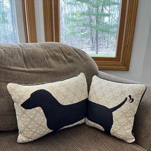 Dachshund Throw Pillow Set Black Weiner Dog Tapestry Beige Black Silhouette - Picture 1 of 8