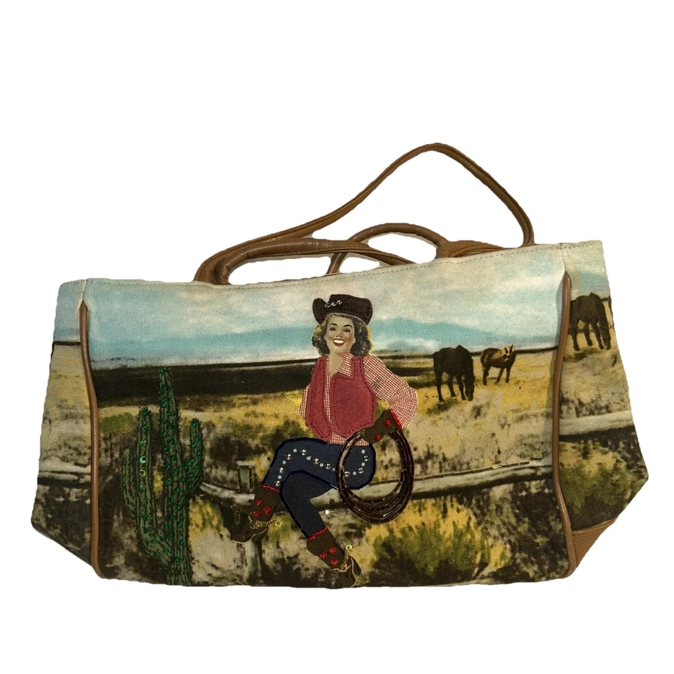复古 90 年代牛仔 Rodeo 西部装饰帆布单肩包托特包钱包 — 第 1/4 张图片