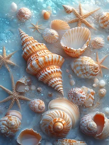 Leinwandbild Muscheln und Seesterne in ruhigem Wasser Wandbild Poster Druck - Bild 1 von 22