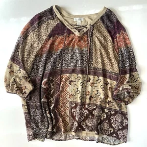 CJ Banks 2X Top Womens Lace Up Patchwork Paisley Print Bling Brown Purple Boho - Picture 1 of 7