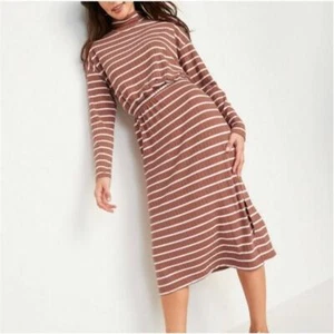 Old Navy Tan White Striped Long Sleeve Mockneck Midi Dress Petite Small - Picture 1 of 10