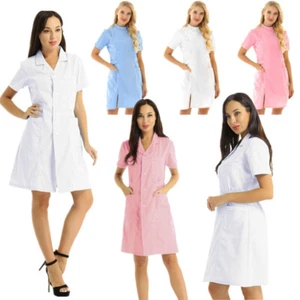 Women Nurse Uniform Dresses Button Front White Hospital Nurse Doctor Scrub Dress - Picture 1 of 84
