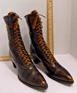 Antique Brown Victorian Edwardian Lace Up High-Top Boots - Picture 1 of 7