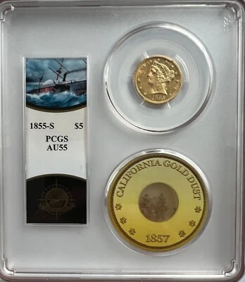 SS CENTRAL AMERICA 1855 S $5.00 HALF EAGLE AU55 W/PINCH SHIPWRECK GOLD - Image 1 of 4