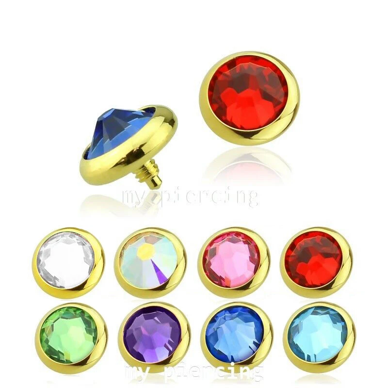 Parte superior de anclaje dérmico roscado interno de acero quirúrgico PVD dorado plano de circonita cúbica 14G Foto 1 de 1