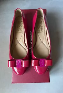 Salvatore Ferragamo Hot Pink Patent Leather Varina Bow Flats Shoes 6.5 B NIB - Picture 1 of 7