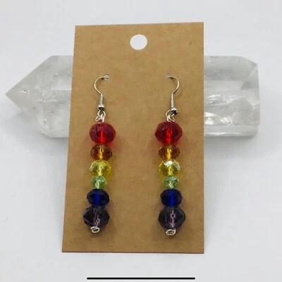 Festival Earrings Rainbow Faceted Glass Gem Beads Hippie Pride Dangle Chakra - Image 1 of 4