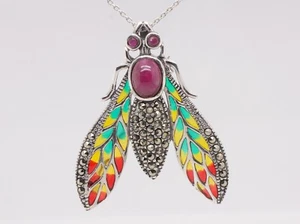 Plata de Ley Plique-à-jour Esmalte Rubí Marcasita Fly Bicho Broche Colgante - Imagen 1 de 6