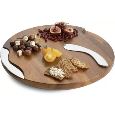 Nambé Acacia Wood Cheese Charcuterie Round Tray w Stainless Steel Knife/Spreader - Image 1 of 4