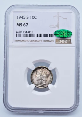 1945 S Mercury Silver Dime NGC & CAC MS 67  - U932 - Image 1 of 4