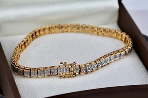 Vermeil Sterling Silver Diamond Etched Link 8.5" Tennis Bracelet Signed - Picture 1 of 7