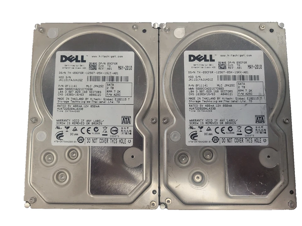 (Lot of 2) Hitachi Dell 2TB 7.2K 3.5" SATA HDD HUA722020ALA330 0F11141 9CF6R #73 - Image 1 of 3