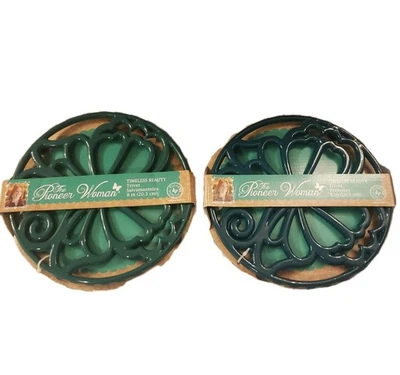 Pioneer Woman Timeless Beauty 8" Trivet Set Of 2 Teal Butterfly Cast Iron New - Image 1 of 4