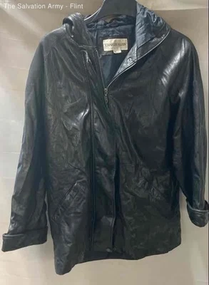 Charles Klein Womens Black Leather Long Sleeve Hooded Full-Zip Jacket Size XL - Image 1 of 4