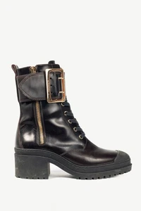 Burberry Scarcroft 50 Bordeaux Buckled Glossed-Leather Combat Boots, Size US 7.5 - Picture 1 of 11