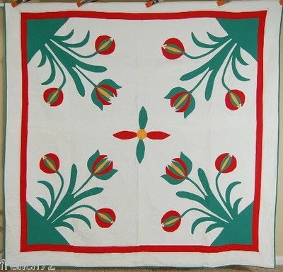 Vintage 30's Red, Green & Cheddar Tulips 4-Block Antique Quilt ~GREAT QUILTING! - Image 1 of 4