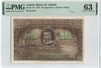 ANGOLA 20 Angolares 1927, P-73 Remainder, PMG 63 Ch UNC, TOP POP VERY RARE Note - Image 1 of 2