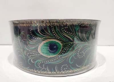 50Yds Christmas Wired Peacock Ribbon Blue Green Peacock Feather Gold 2.5" - Image 1 of 4