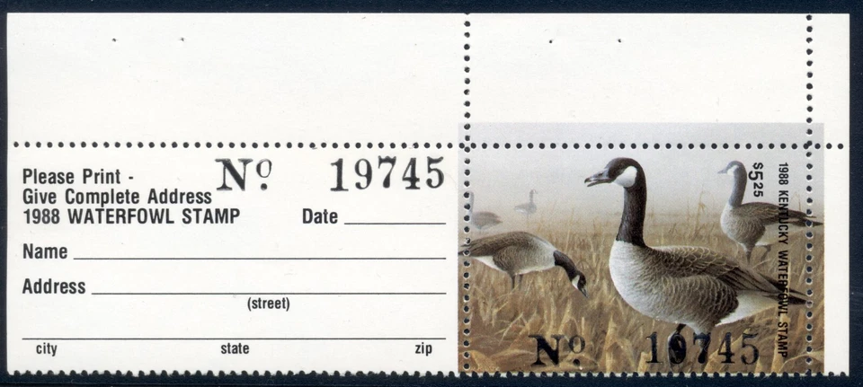 Kentucky duck stamp 1988 with tab, Canada Geese, $5.25, Jaffe/Scott #4T, MNH, XF - Image 1 of 1