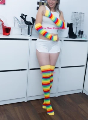 Arco Iris Lunares Sobre la Rodilla Calcetines Hasta el Muslo Bota OTK 28" Largo Cosplay Cama Foto 1 de 4