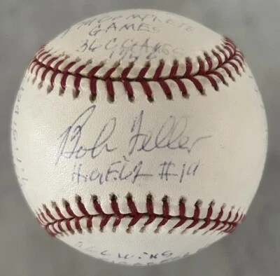 BOB FELLER AUTO AUTOGRAPH SIGNED STAT BASEBALL 18 INSCRIPTIONS INDIANS HOF JSA - Image 1 of 4