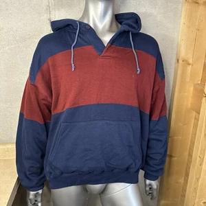 Vtg SPORTS AFIELD Men 2XL Thermal Waffle Lined Henley Hoodie Sweatshirt Blue Red - Picture 1 of 8