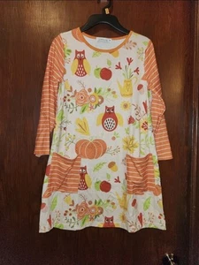 Sunshine Swing Girls L Owls Pumpkins Acorns Fall Long Sleeve Dress With Pockets - Picture 1 of 4