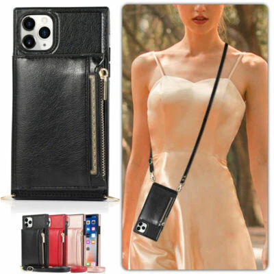 Funda tipo billetera de cuero con cadena bandolera para iPhone 12 11 Pro Max XS XR 6 7 8 Foto 1 de 4