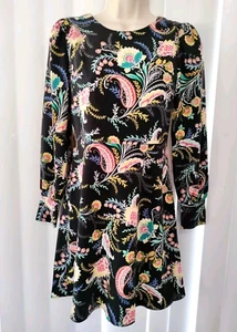 Ann Taylor LOFT Size 00 Petite Dress Black Floral Paisley Long Sleeve Round Neck - Picture 1 of 11