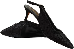 Schuhe Pumps Abendschuhe Schwarz bestickt Seide Floral 38 Slingback 6 cm - Bild 1 von 1
