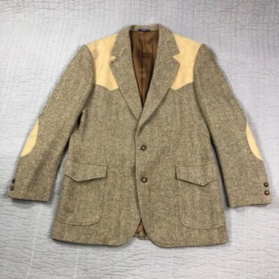 Vintage Pendleton Blazer Men 46L Brown Wool Tweed Western Suede Yoke Patches USA - Image 1 of 4