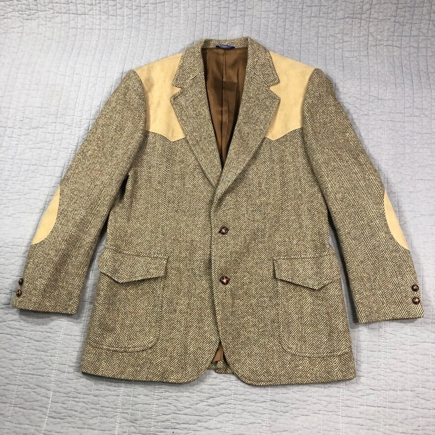 Vintage Pendleton Blazer Men 46L Brown Wool Tweed Western Suede Yoke Patches USA - Image 1 of 4