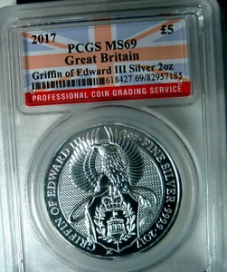 2017 Great Britain Griffin of Edward 3rd  Spectacular 2oz Pure Silver PCGS MS69* - Picture 1 of 4