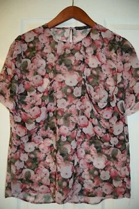 Zara Pink Green Floral Roses Blouse Top Sheer Chiffon Pockets 12 L Boxy Romantic - Picture 1 of 11