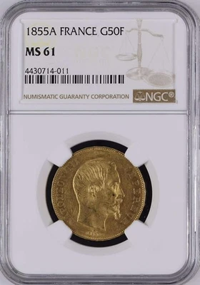 ФРАНЦИЯ, ЗОЛОТО 50 ФРАНКОВ 1855 A НАПОЛЕОН III - NGC MS 61, РЕДКАЯ3 - Изображение 1 из 2