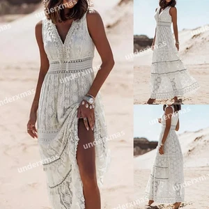 Women Boho Lace Floral Maxi Dress Holiday Beach Summer Sleeveless Party Sundress - Picture 1 of 16