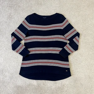 Tommy Hilfiger Womens Navy Boat Neck Cotton Striped Jumper Large - Picture 1 of 2