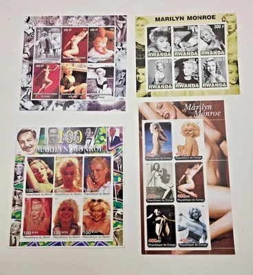 4 folhas de selos lembrança Marilyn Monroe Benin Congo Ruanda 2000 MNH filatélico - Imagem 1 de 2