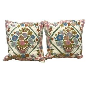 Floral Wool Chain Stitch Tapestry Pillows Size 18 Inch Square - Picture 1 of 9