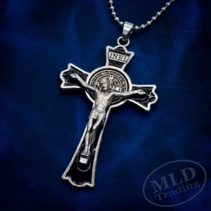 Saint Benedict Cross Crucifix Necklace, 3" Pendant, Silver Jesus, 28" Chain - Picture 1 of 11