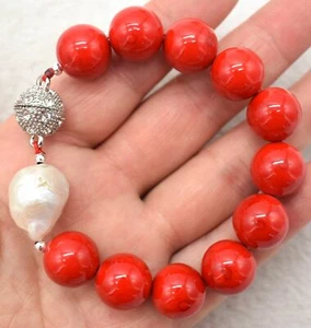 Huge 14mm Genuine Red Coral Gems White Baroque Pearl Bracelet 7.5" - Picture 1 of 12