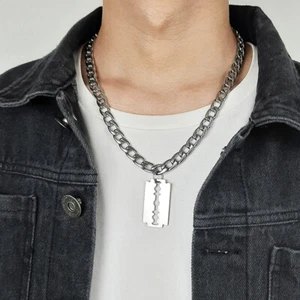 20" Gothic Razor Blade Pendant Men's Necklace Choker Stainless Steel Chain Gift - Picture 1 of 6