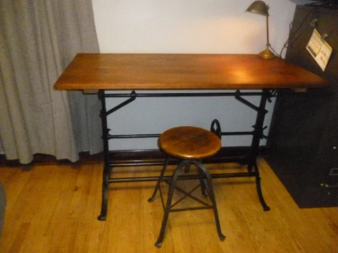 Vintage Industrial Drafting Table with Cast Iron Base Cover