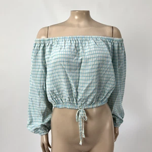 Aritzia Wilfred Women's Off Shoulder Crop Top Small Viscose Plaid Blue T3-24 - Picture 1 of 8