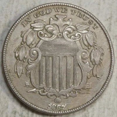 1867 With Rays Shield Nickel, Almost Uncirculated, Discounted   0601-07 - Image 1 of 4