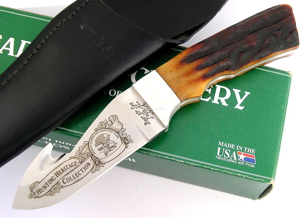 Bear & Son USA Made North American Hunting Club Guthook Hunter Stag Bone Knife