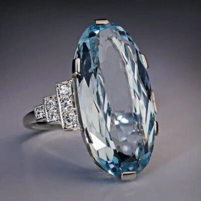 Elegant 925 Silver Rings for Women Aquamarine Wedding Jewelry Gift Size 6-10 - Image 1 of 4